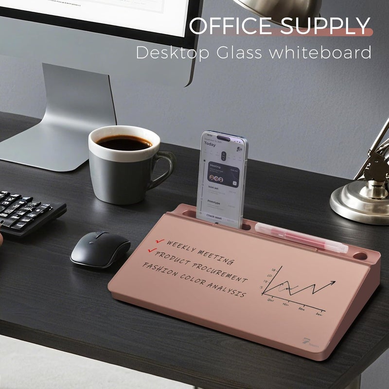 TOWON Small Compact Glass Desktop Whiteboard with Storage – 12 x 7 in Dry Erase Board for Desk, Home Office, School | Includes 5 Markers, Eraser & Holder | Space-Saving Organizer, Aesthetic Rose Gold - Image 2